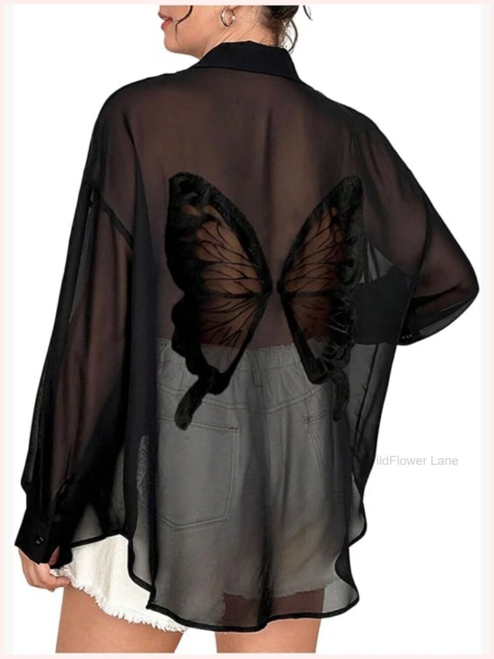 Plus Size Butterfly Print Chiffon Blouse Long Sleeve Sheer Back Embroidered